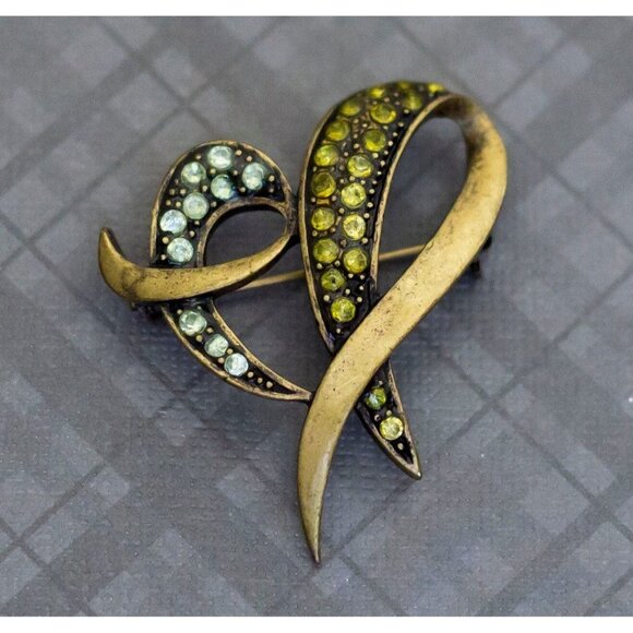Vintage Green and Blue Rhinestone Heart Brooch, G38 - Picture 1 of 2
